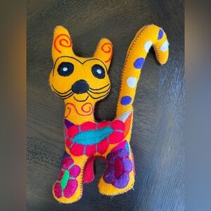 Handmade Mexican Embroidered Wool Cat Floral Motif